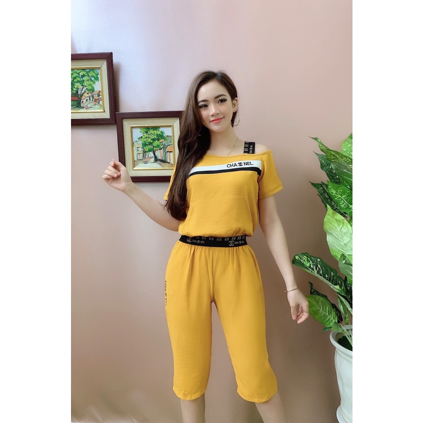 bộ đồ hè chất đủi lệch vai hàng quảng châu, thời trang đẹp, mặc không bai xù, không phai màu, thiết kế cạp trun eo