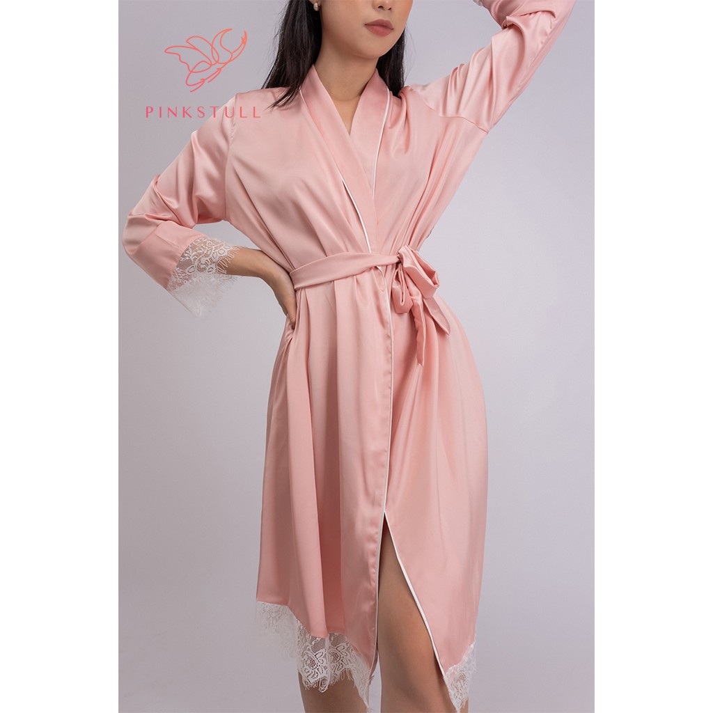 [Mã FAMALLT5 giảm 15% đơn 150k] Áo choàng lụa Pijamas Pink Stull trơn màu hồng và trắng- ren trắng Freesize