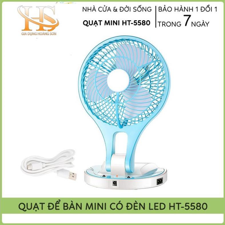 🌦️Bảo Hành 3 Tháng🌦️ Quạt Mini Để Bàn Sạc Tích Điện Kèm Đèn Led Học Fan HT-5580, Mẫu Mới Nhất 2021