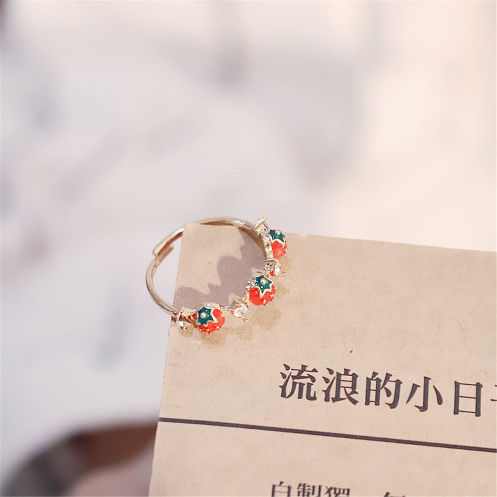 Nhẫn Hở Hình Trái Dâu Đính Đá Zircon Phong Cách Hàn Quốc