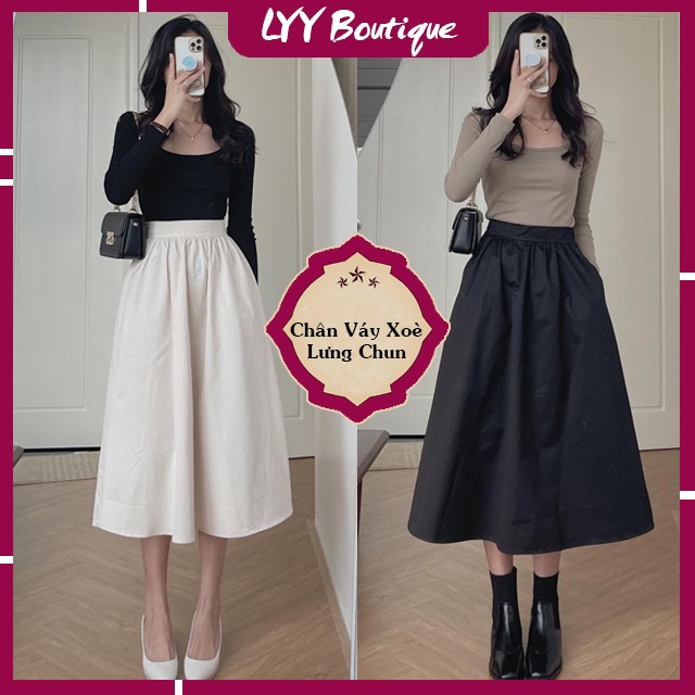 Chân váy dài dáng xoè chữ A cạp chun có khoá sườn eo túi xỏ, Chân váy thô hàng Quảng Châu LYY BOUTIQUE