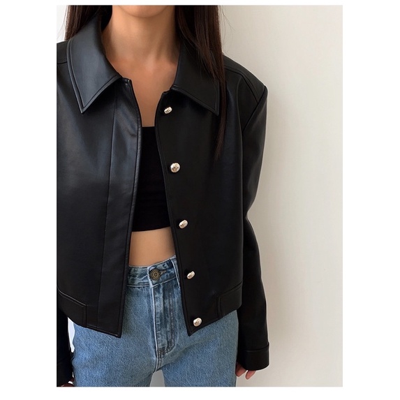 -Áo khoác da nữ dáng ngắn Ulzzang Hàn Quốc BORA SHOP 5 cúc order