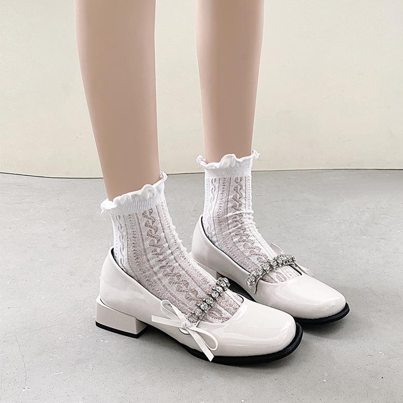 Giày cao gót IELGY mũi vuông bằng da đính nơ phong cách thời trang dành cho nữ