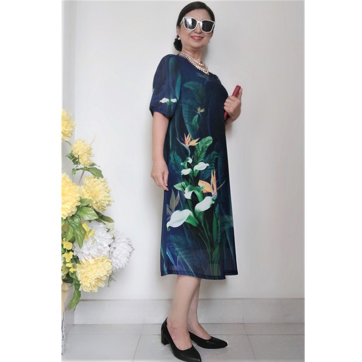 Váy Đầm Trung Niên Vải Voan In 3D - Form A Che Bụng - 2 Lớp, Có Dây Kéo - 50Kg Đến 80Kg | BigBuy360 - bigbuy360.vn