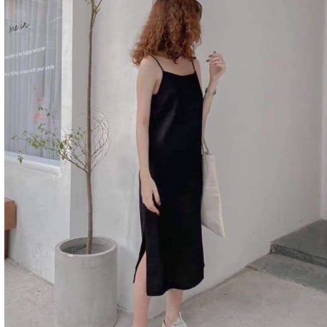 Váy 2 dây đen váy ngủ hai dây lụa satin cao cấp sexy gợi cảm