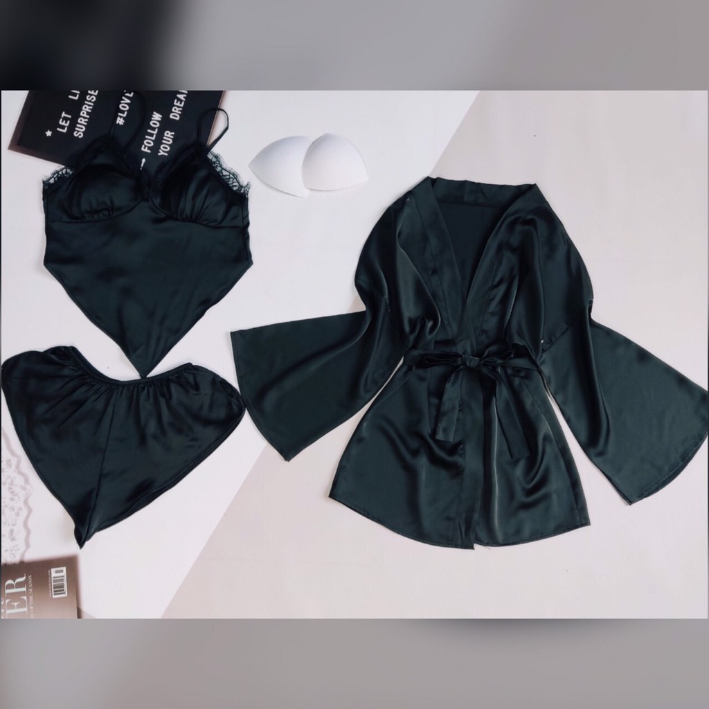 [𝐅𝐫𝐞𝐞 𝐒𝐡𝐢𝐩] Set ngủ lụa 3 món cao cấp MunMunStore áo choàng kimono + Yếm + quần mềm mại quyễn rũ ( phom dưới 62kg)