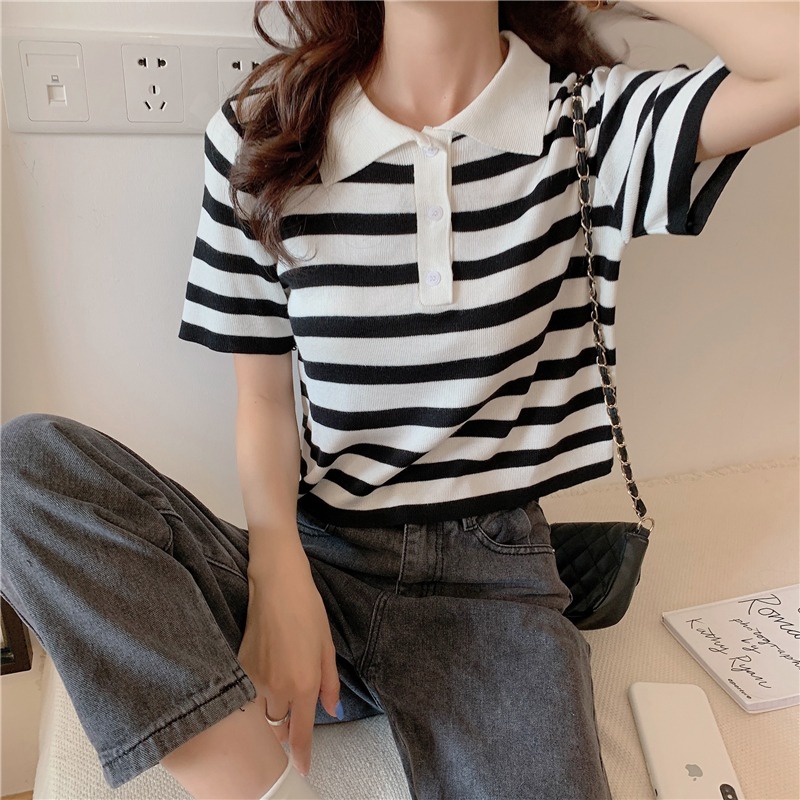 Áo thun ZHELIHANGFEI cổ polo dệt kim tay ngắn họa tiết sọc ngang thời trang cho nữ