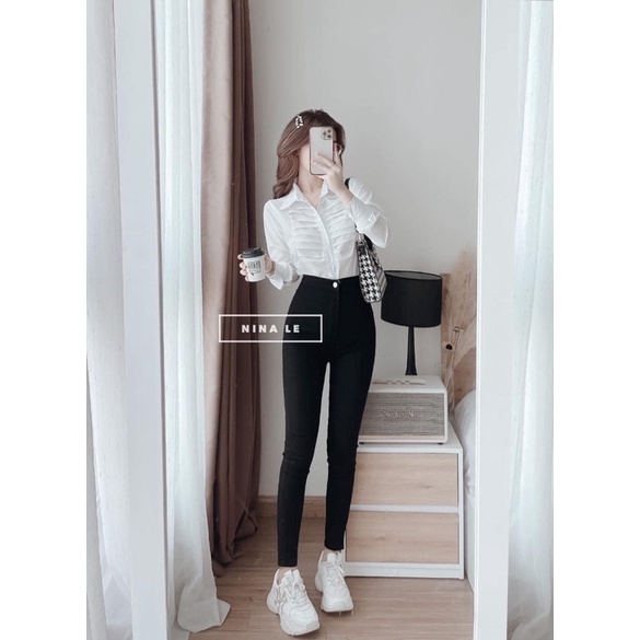 Áo Sơ Mi Trắng Xếp Ly Ngực Hàng Đep Kiểu Công Sở MOLA Sơmi Tay Dài Cao Cấp  Hàn Quốc Vintage Tiểu Thư