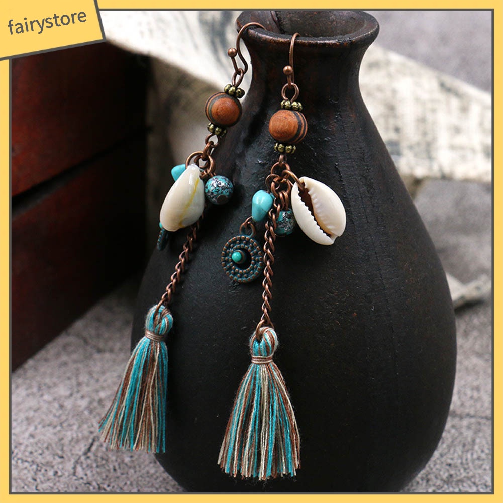 Khuyên tai tua rua kiểu dài đính vỏ sò phong cách Bohemian thời trang