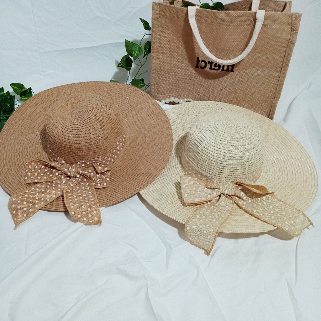 Nón cói/mũ cói nữ đi biển vành rộng phối nơ chấm bi sang chảnh hình chụp thật-vành rộng chấm bi