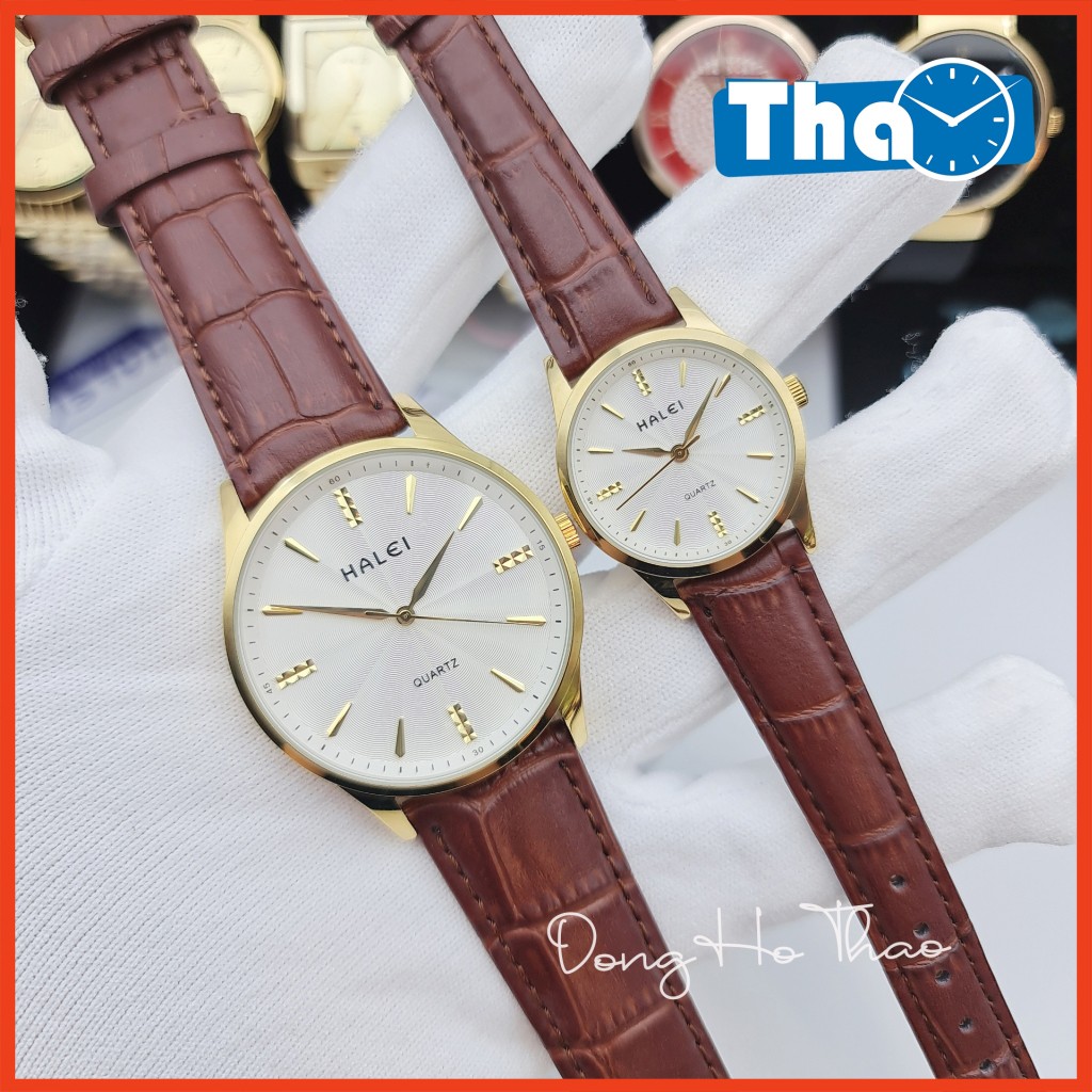 Đồng Hồ Cặp Đôi Nam Nữ Dây Da Halei 549 Dây Nâu Mặt Trắng