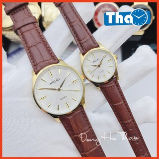 Đồng Hồ Cặp Đôi Nam Nữ Dây Da Halei 549 Dây Nâu Mặt Trắng