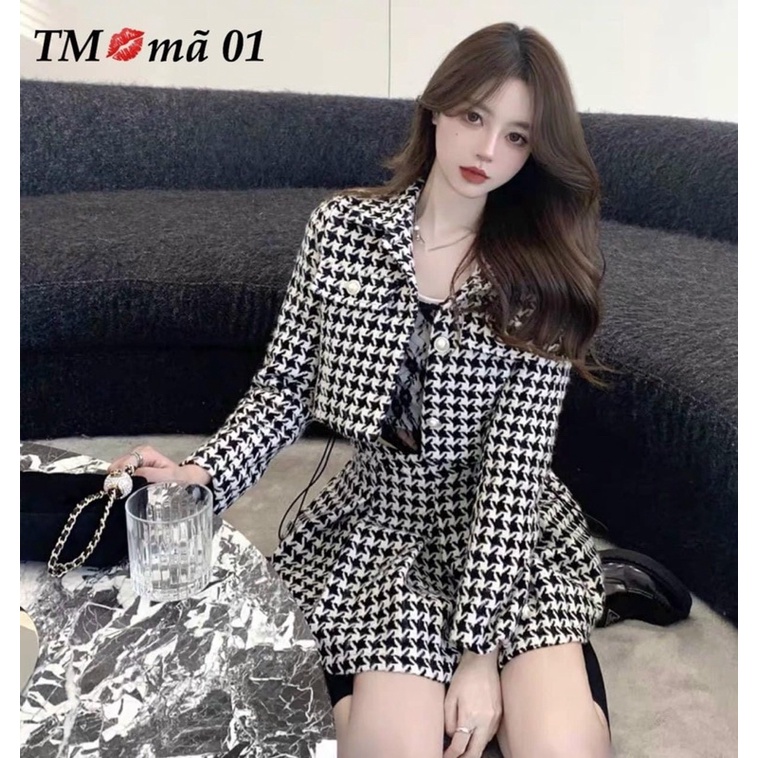 Set dạ ziczac chân váy ngắn xếp ly chuẩn vivi