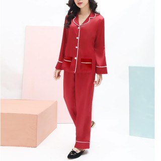 Lilas Blanc Bộ Pijama Lụa Dài Tay Quần Dài Đỏ Phối Viền Lụa Trắng