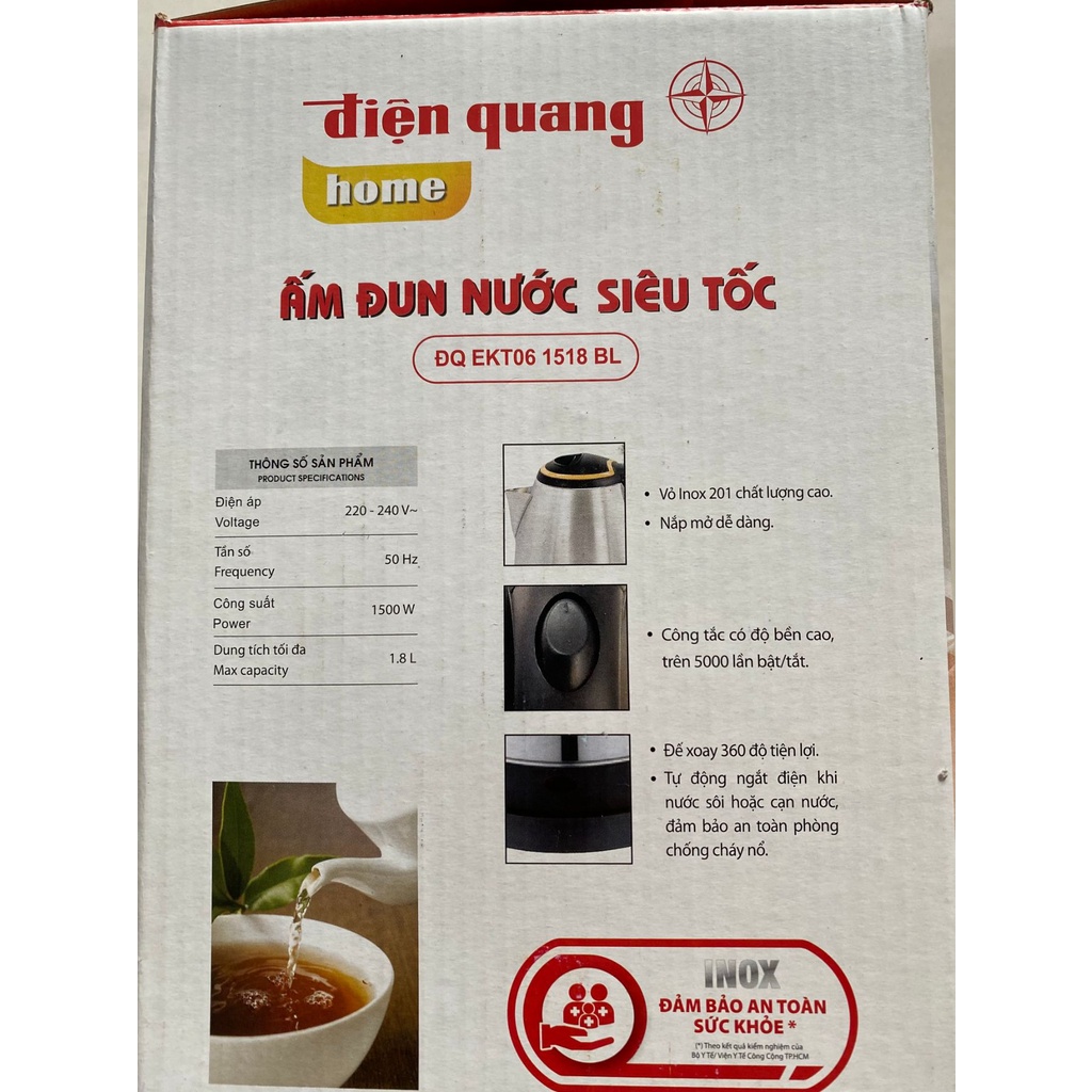 Ấm siêu tốc inox 1.8L điện quang hàng cao cấp, đun nước sôi siêu nhanh, chống cháy, đế xoay 360 độ, có giấy bảo hành