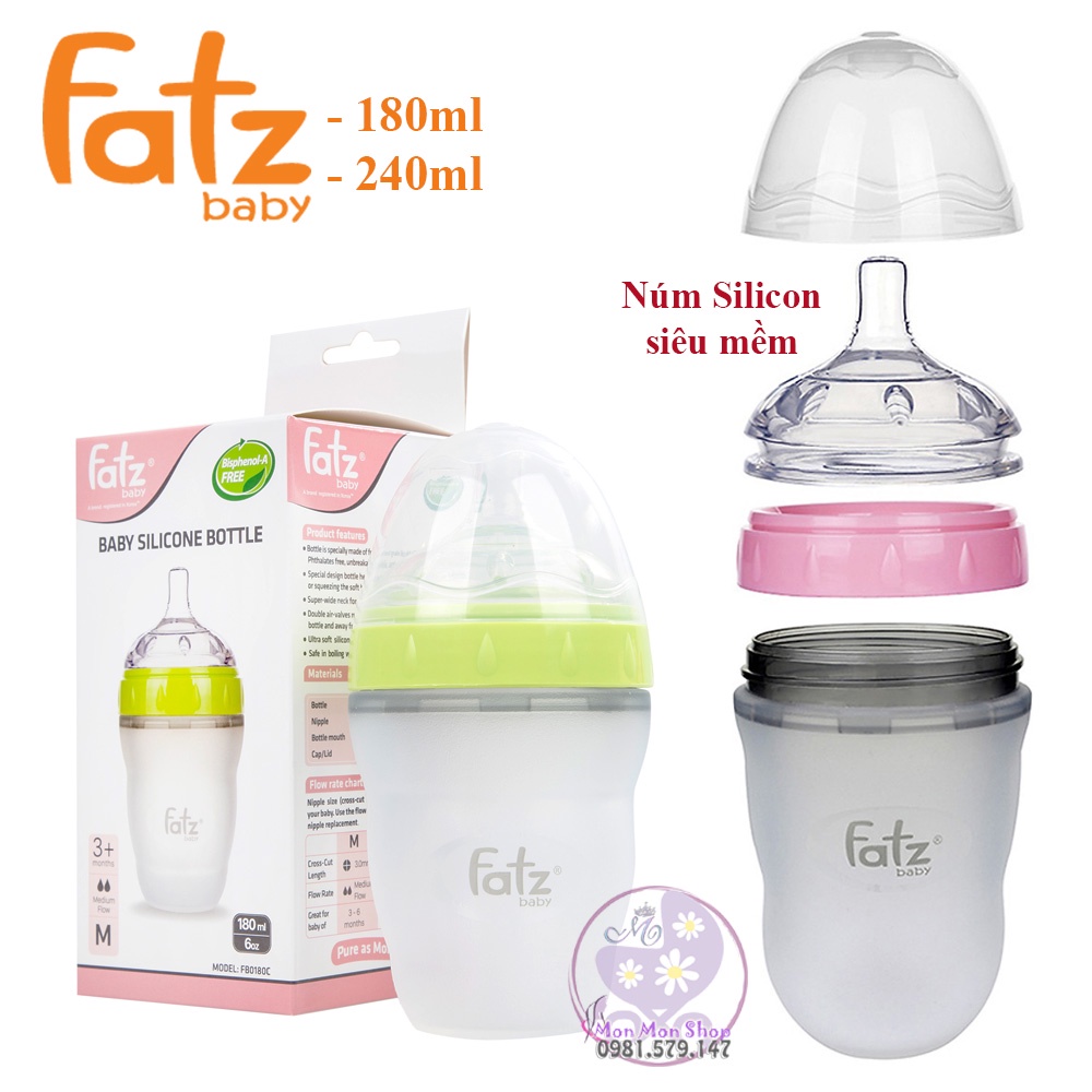 [Cổ siêu rộng ] Bình sữa 180ml / 240ml Fatzbaby Silicon núm ti Siêu Mềm không BPA