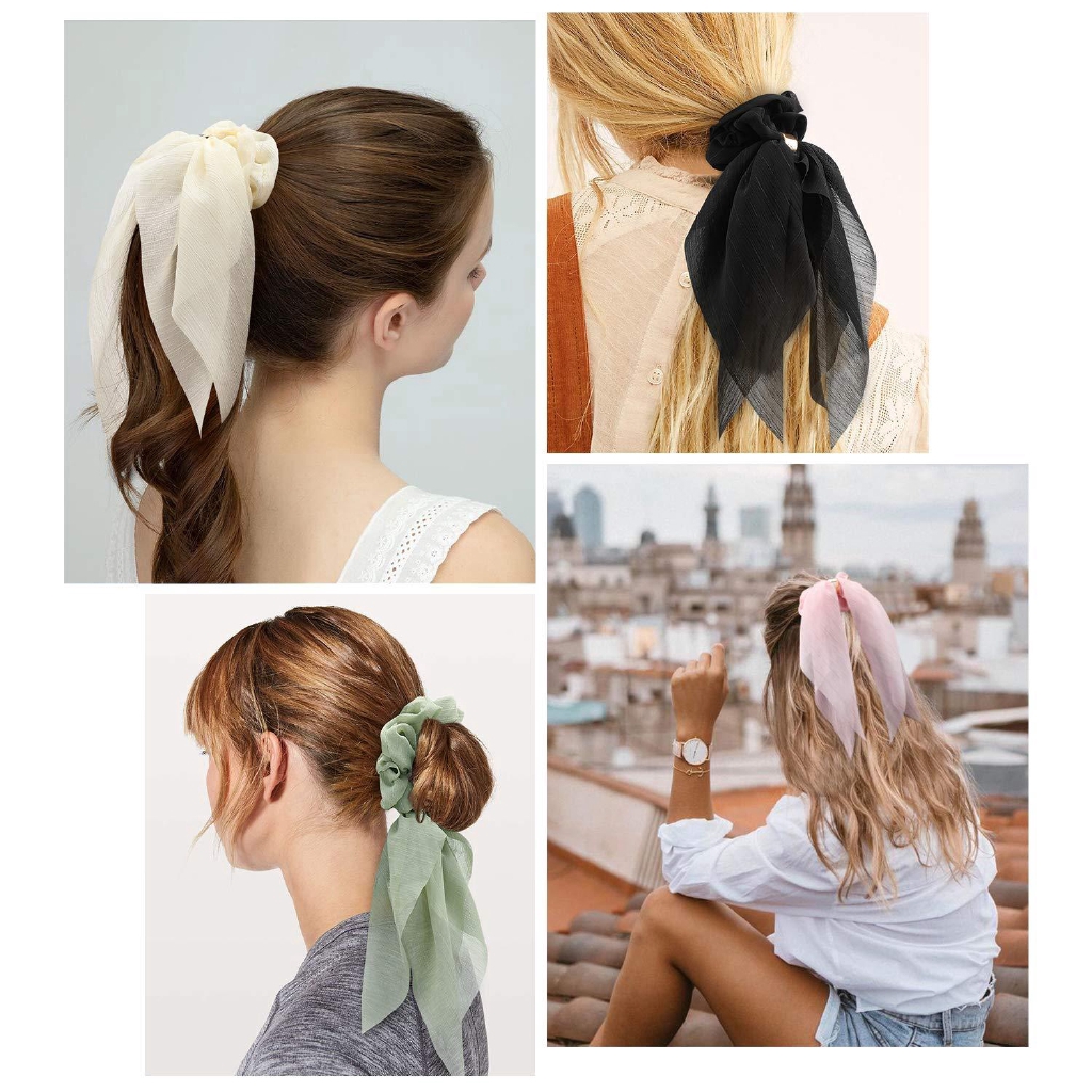 Women Double Layer Candy Color Chiffon Bow Long Ribbon Scrunchie Hair Elastic Ties Ponytail Bands