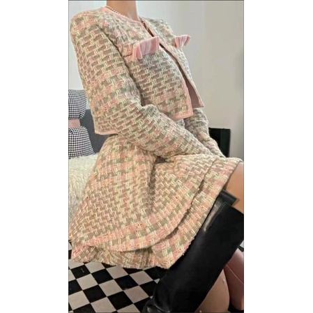 Set Dạ Tweed Áo khoác và Váy Bồng 2 Tầng