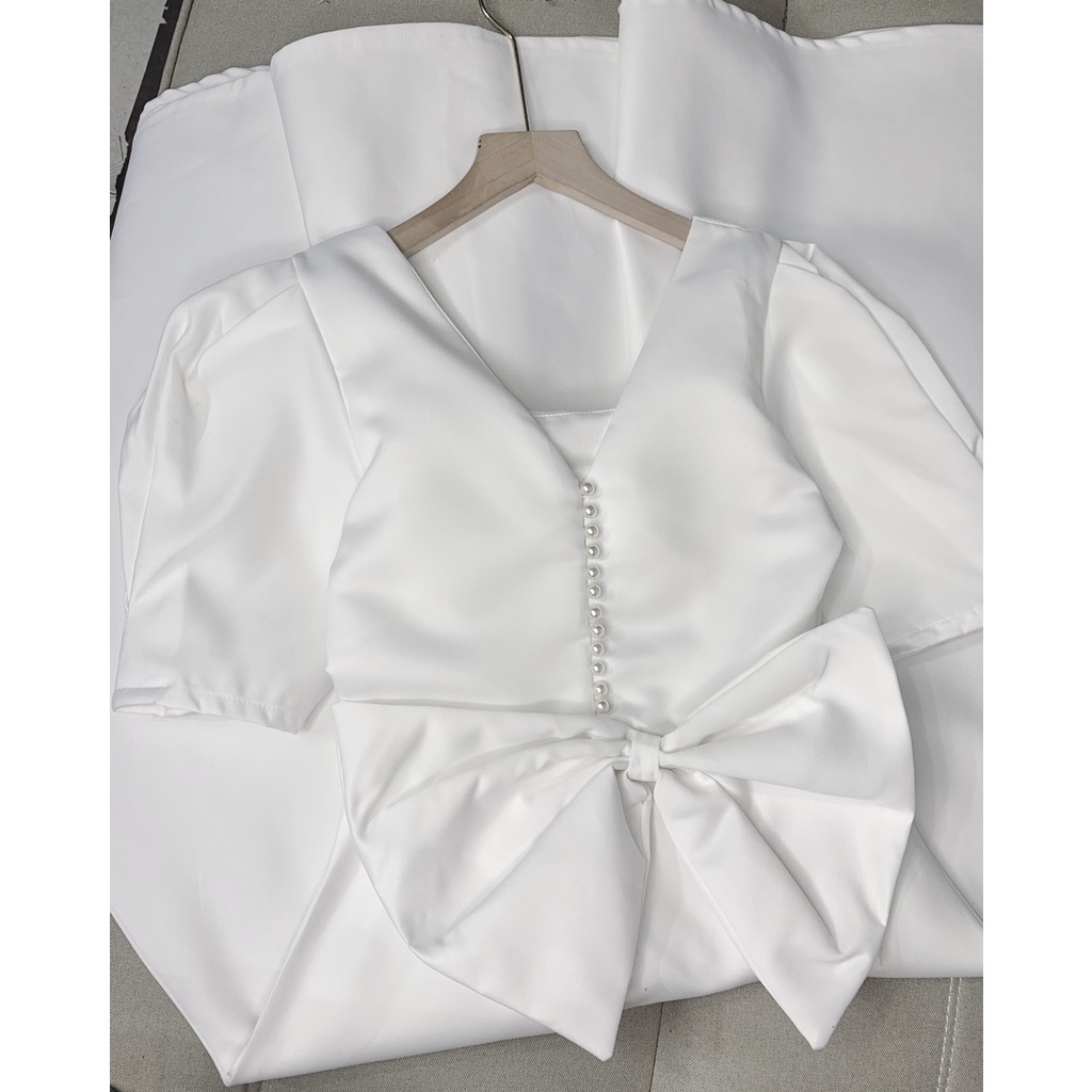 [Freeship] Đầm maxi trắng phồng nơ lưng