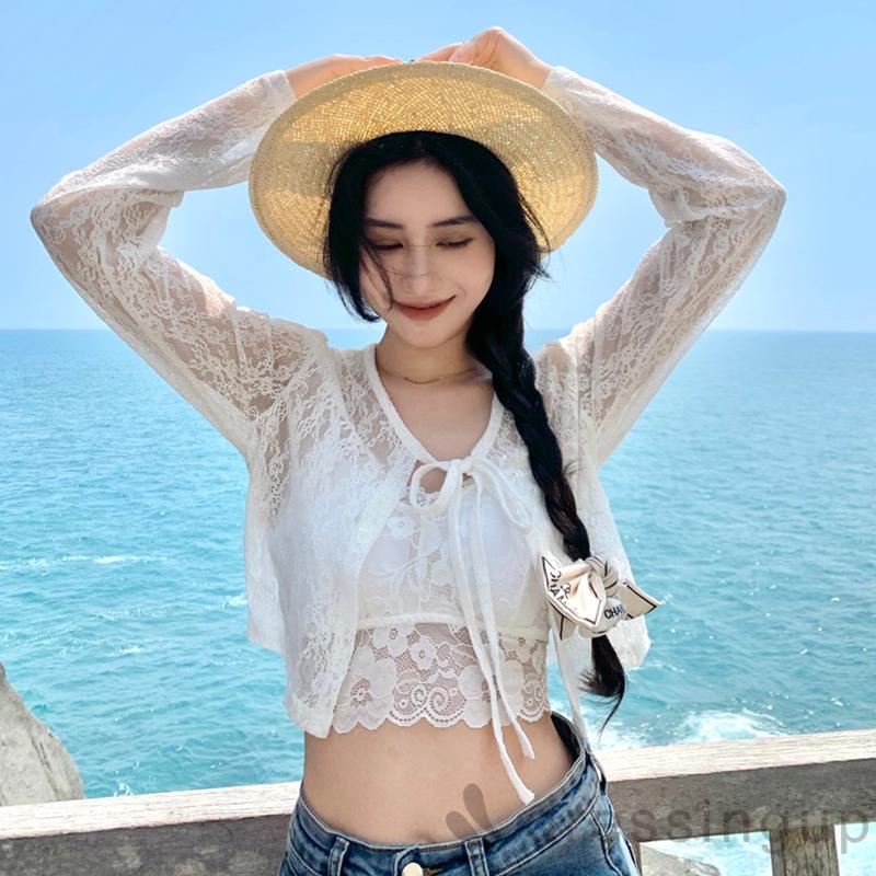 Áo Sơ Mi Tay Dài Màu Trơn Phối Ren Chống Nắng Thời Trang Mùa Hè Cho Nữ