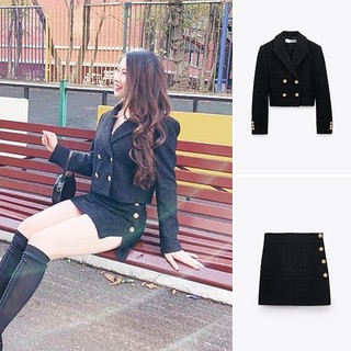 BỘ ÁO KHOÁC BLAZER VÀ CHÂN VÁY ZARA NỮ VẢI DỆT MÀU ĐEN