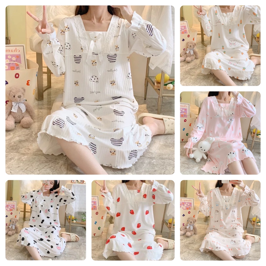 Váy ngủ dài tay thu đông cotton thun tăm đầm ngủ dáng suông đuôi cá phong cách công chúa Hàn Quốc dễ thương JALJA Vay04