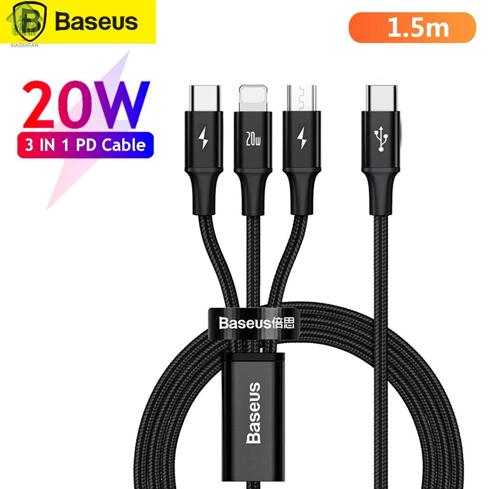 xm☀ Baseus 3 in 1 Cable Rapid Series PD 20W Fast Charging Cord Type-C to Micro USB/Type-C/ Data Sync Cable Compatible for Android/ 12/ Phone
