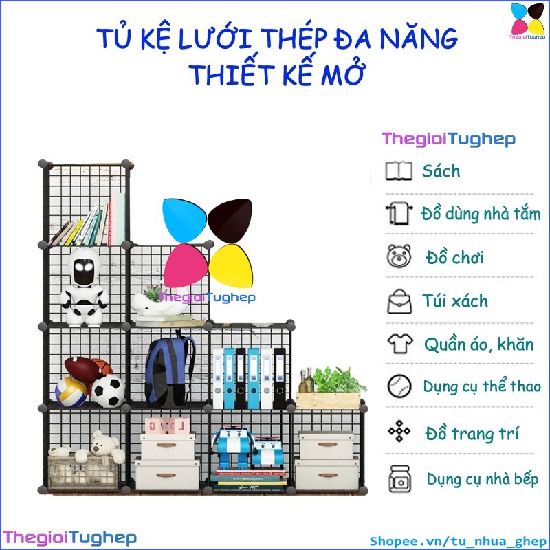 Tủ lưới sắt lắp ghép đa năng hiện đại để sách, đồ dùng trang trí phòng làm việc 10 ô hình bậc thang