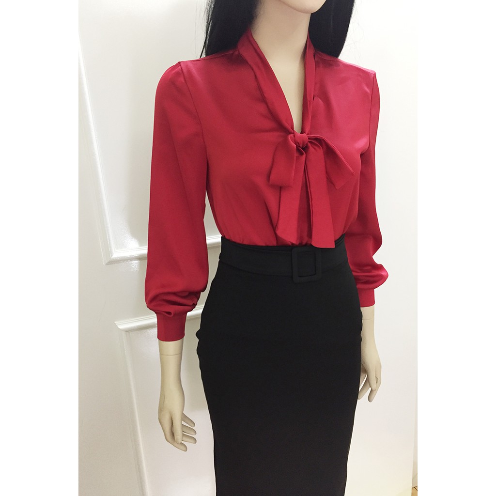 Áo Công Sở Nữ Áo Kiểu 💖𝑭𝒓𝒆𝒆𝒔𝒉𝒊𝒑💖 Áo Sơ Mi Nữ Đỏ Thắt Nơ Vải Lụa Mềm | BigBuy360 - bigbuy360.vn
