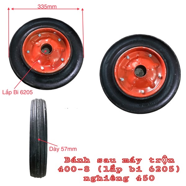Bánh Sau Máy Trộn 400-8 (lắp bi 6205) nghiêng 450 bánh xe phụ tùng Hùng Lỳ