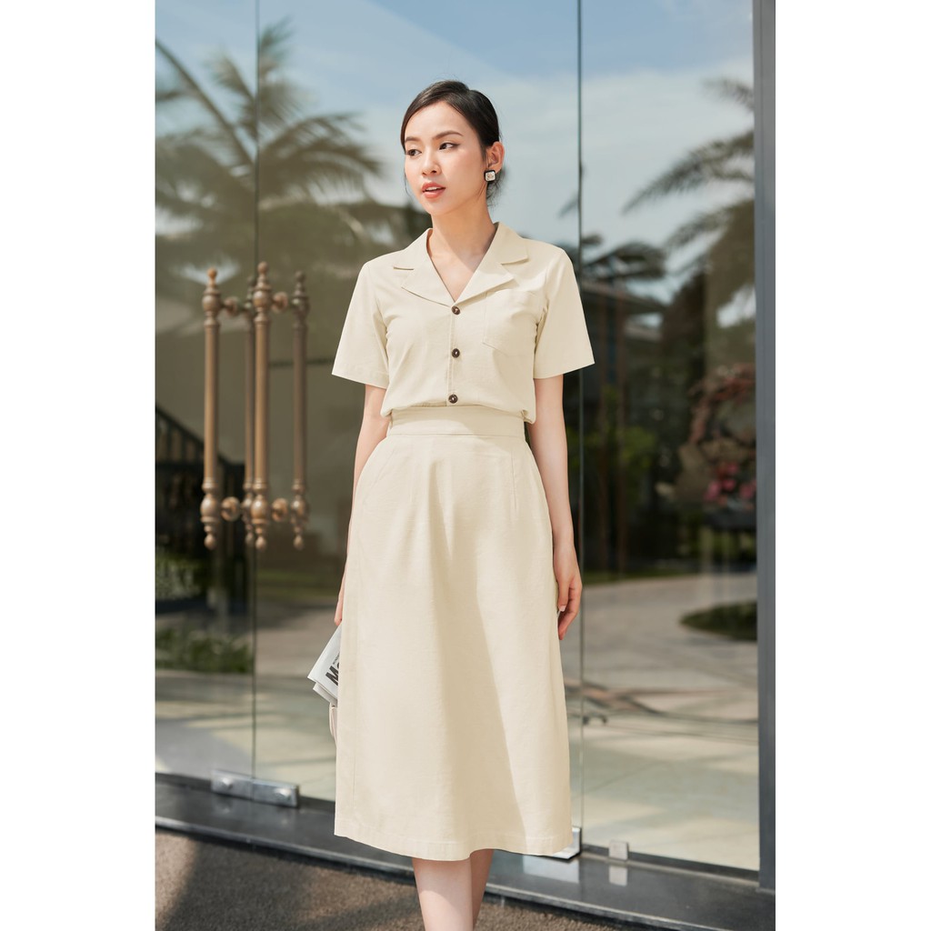 Váy Công Sở Chữ A Tay Ngắn LEOSWEARING Set Chân Váy Dài Qua Gối Lưng Thun và Áo Sơ Mi Chất Vải Linen Bột dam cong so B11