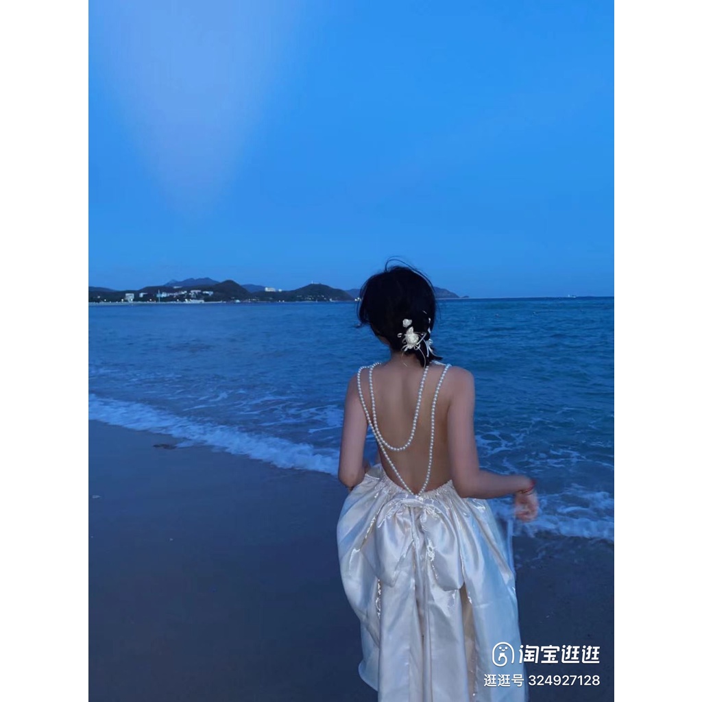 Đầm midi dây ngọc hở lưng thắt nơ, váy midi đi biển đi tiệc phong cách Hàn Quốc