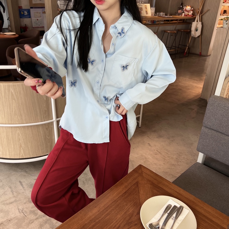 Áo sơ mi nữ SUXI tay dài dáng rộng họa tiết bướm phong cách cổ điển thời trang mùa hè