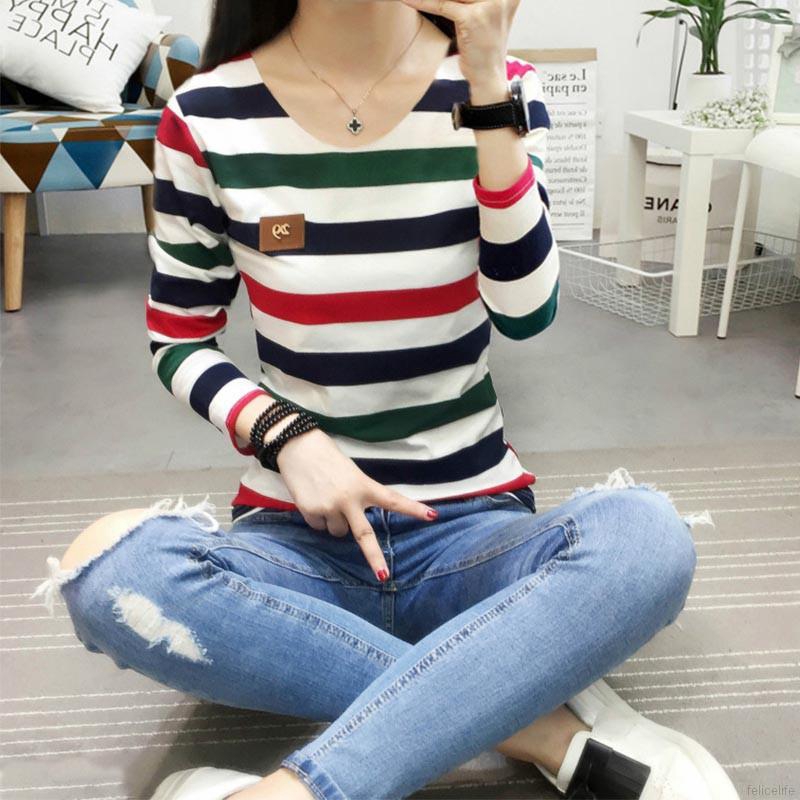 Áo nữ dài tay cổ tròn chất liệu cotton họa tiết sọc thời trang