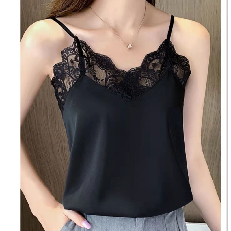 Áo Hai Dây Vải Voan Phối Ren Màu Trơn Thời Trang Quyến Rũ Dành Cho Nữ