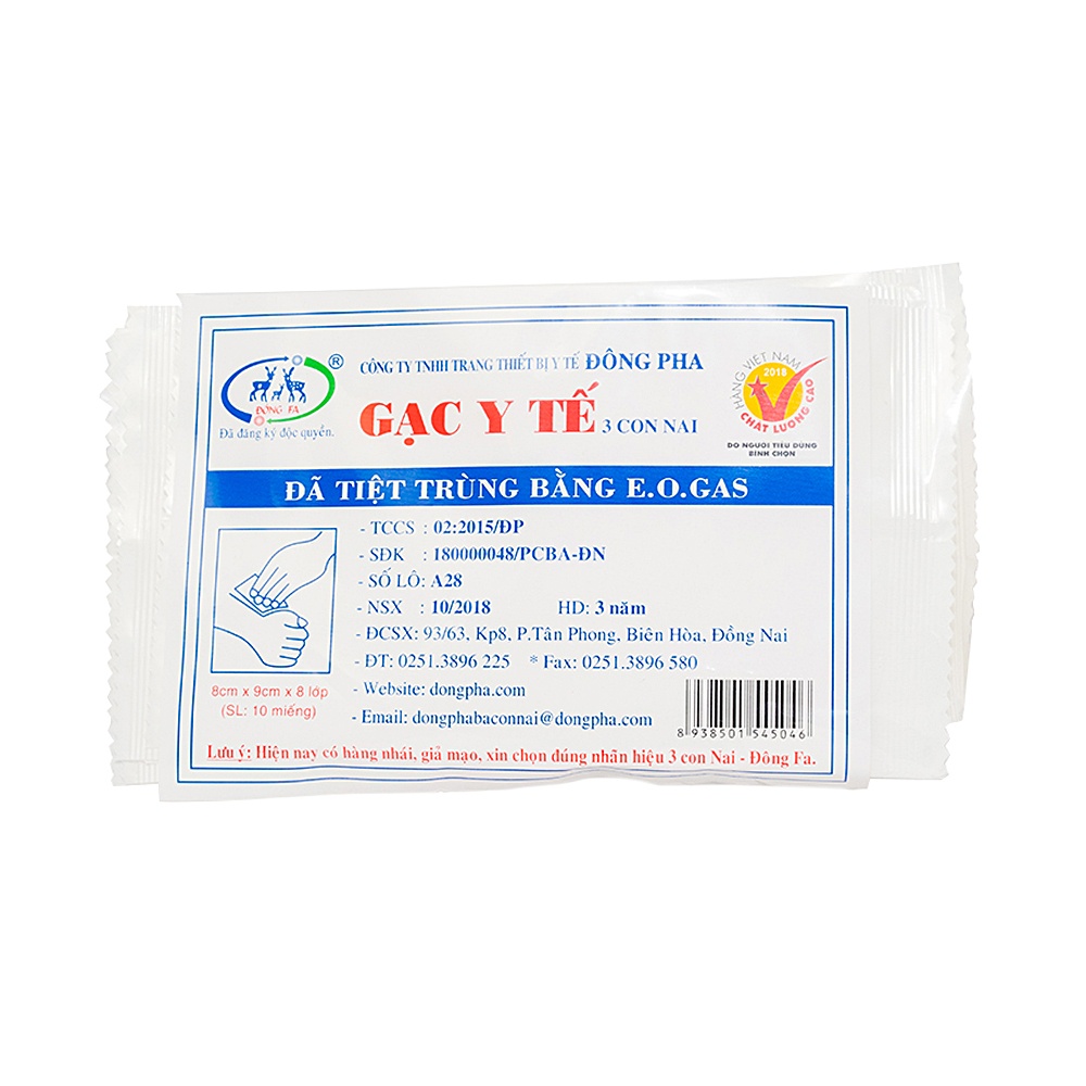 Gạc y tế 3 con nai (cuộn, miếng) tiệt trùng Đông Pha Dùng để băng bó vết thương sau khi sát trùng - Gói 10 miếng