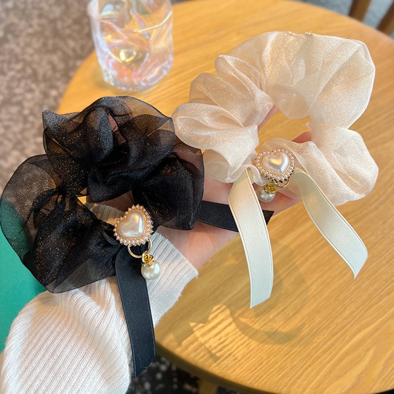 Dây buộc tóc, cột tóc scrunchies đính đá TRÁI TIM RUY BĂNG màu trơn Hàn Quốc