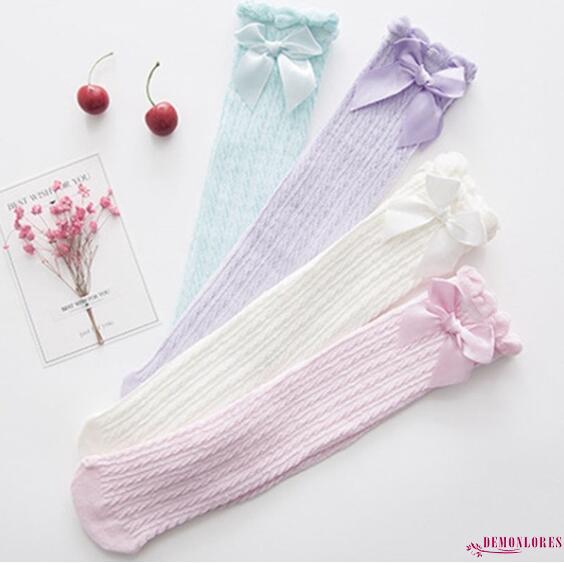Vớ lưới cá dài qua gối bằng vải cotton thoáng khí phối nơ bướm màu trơn thời trang mùa hè 2020 dành cho bé gái