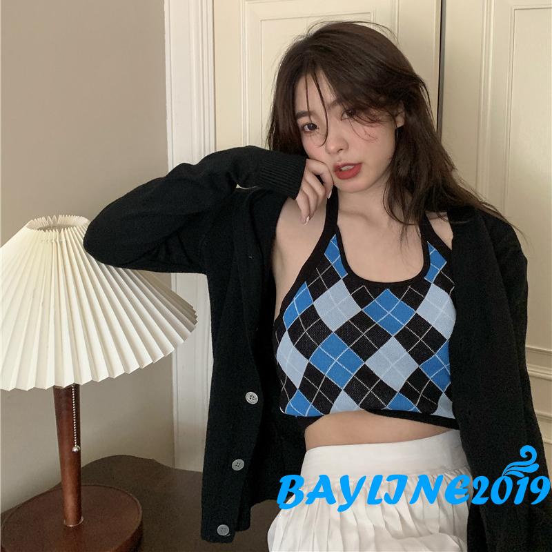 BAY-Áo dệt kim sát nách cổ chữ U họa tiết hình thoi màu xanh dương/tím thời trang mùa hè cho nữ