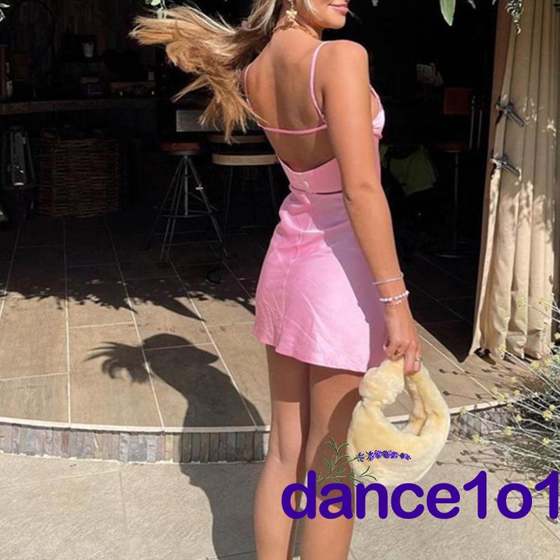 Đầm Ngắn Hở Lưng Cổ Chữ V Màu Trơn Khiêu Vũ1O1- Thời Trang Nữ