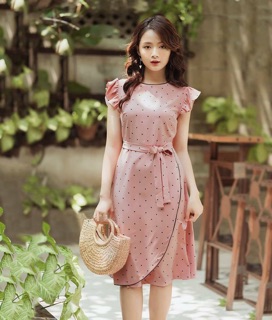 [HOT HOT HOT] Đầm hồng chấm bi thắt nơ eo