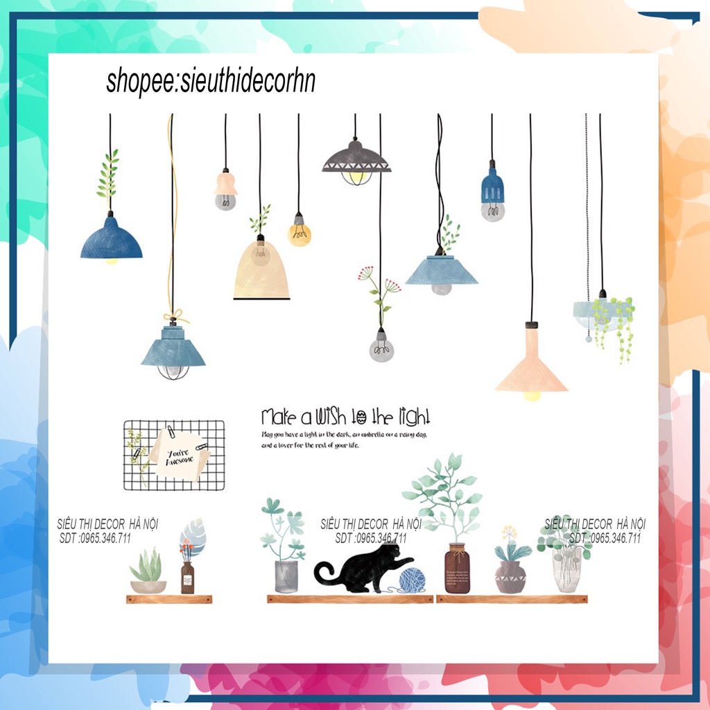 Decal dán tường phòng ngủ ĐÈN TRANG TRÍ 2 QR9085. Đề can dán tường Hàn quốc kích thước 60x90cm