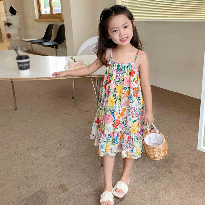 Đầm Công Chúa Hai Dây Họa Tiết Hoa Thời Trang Mùa Hè Cho Bé Gái