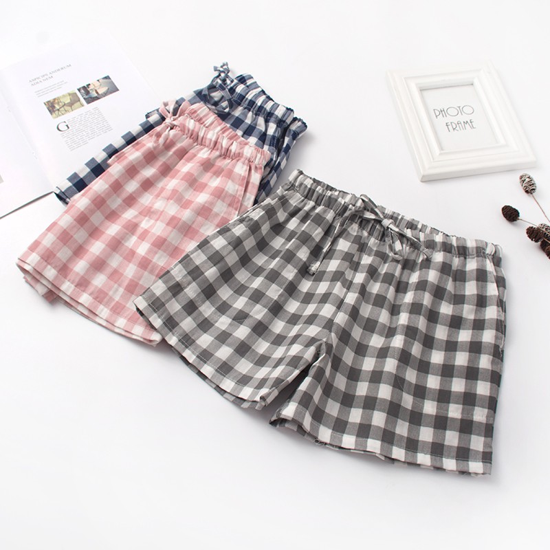 Quần Short Ngủ Vải Cotton Kẻ Sọc Dáng Rộng Kiểu Nhật Bản Cho Các Cặp Đôi