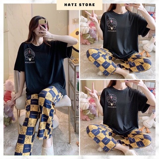 Set đồ bộ nữ in hình mèo ú dễ thương, Set quần dài áo thun đen mặc nhà NA50