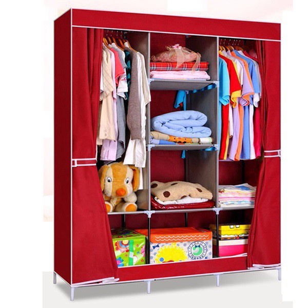 Tủ vải đựng quần áo cao cấp 2 buồng 6 ngăn và 3 buồng 8 ngăn khung gỗ và inox lắp ghép chắc chắn