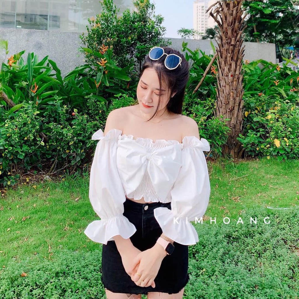 Áo kiểu trễ vai nhúm phối nơ to trước ngực cực xinh , chất kate mềm mịn