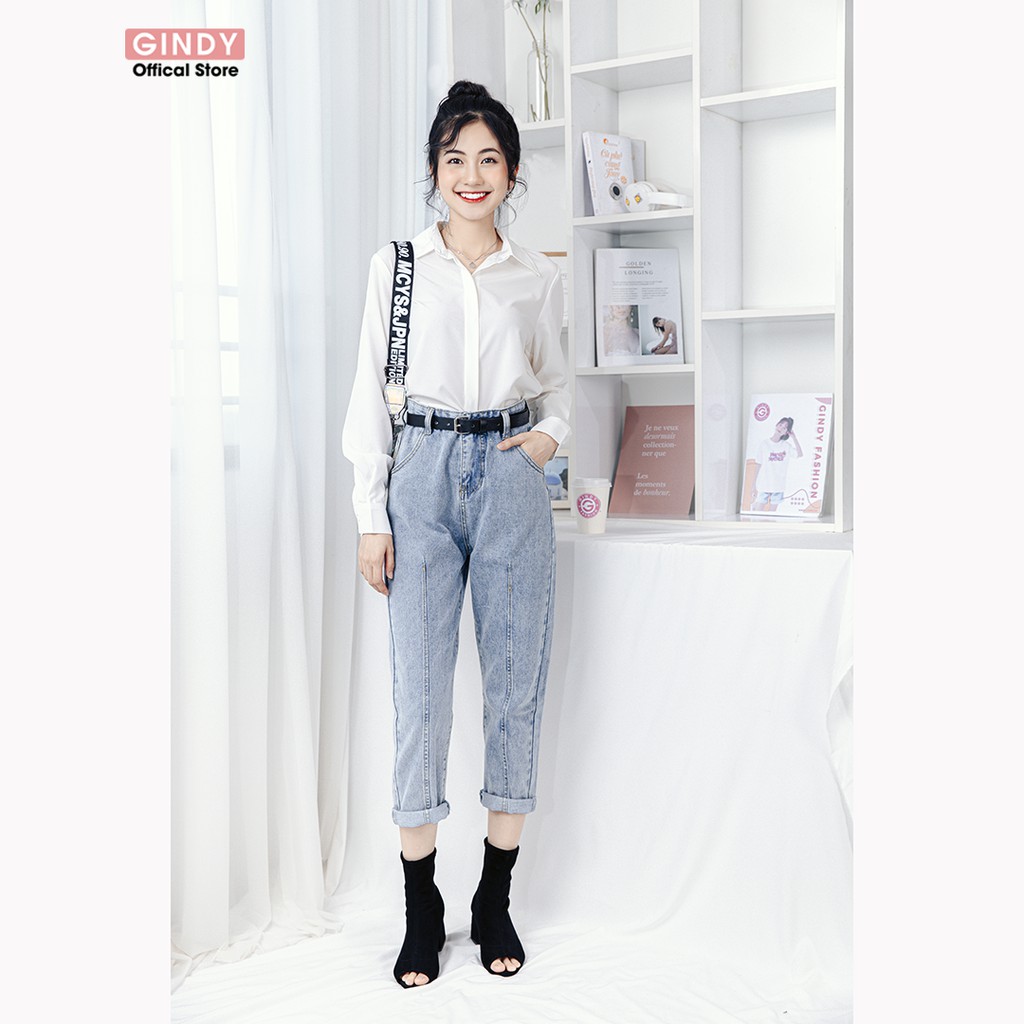 Áo sơ mi nữ trắng dấu cúc dài tay cổ bẻ GINDY dáng suông basic trơn thời trang xuân hè 2022 công sở, học sinh A6110