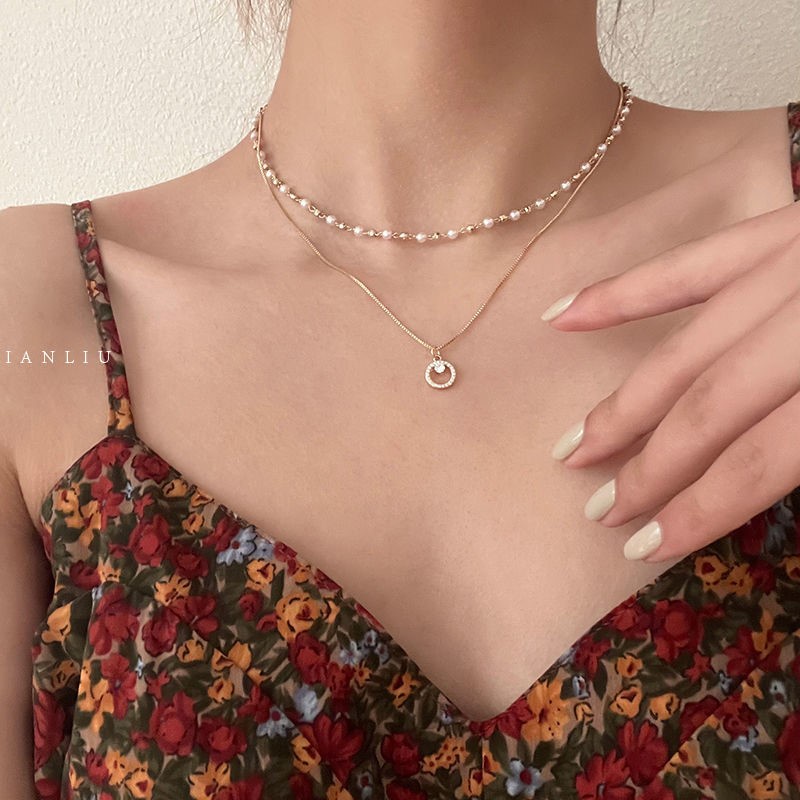 Vòng cổ hai lớp đính hạt ngọc trai nhỏ phong cách thời trang chất lượng cao F040