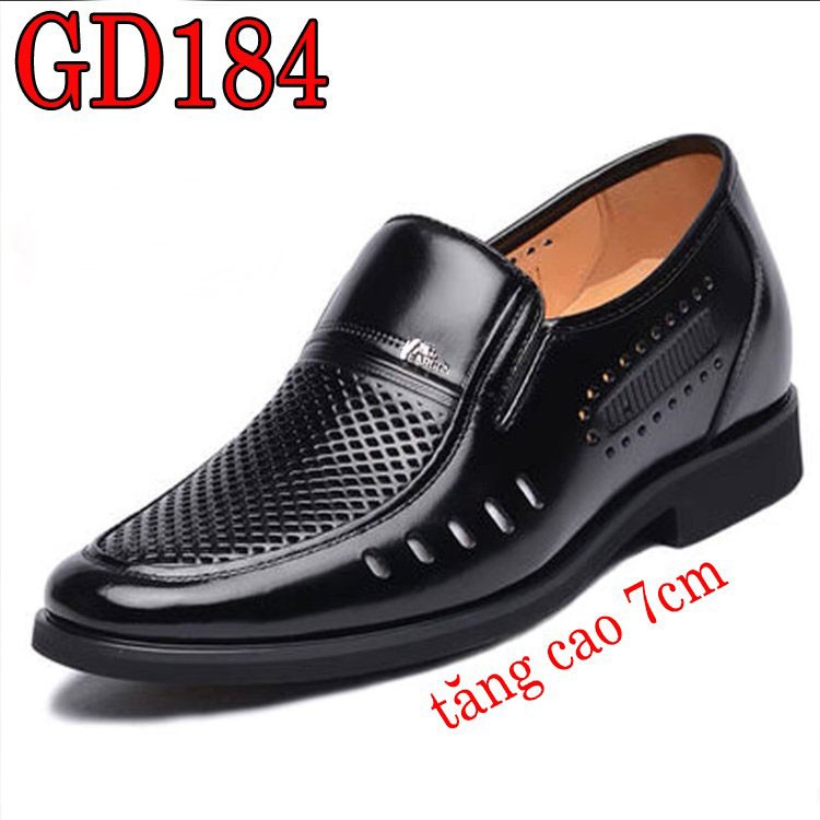 Giày nam da bò cao cấp, giày lười thoáng khí, giày công sở thoáng khí tăng chiều cao 7cm, 2 màu đen nâu GD184